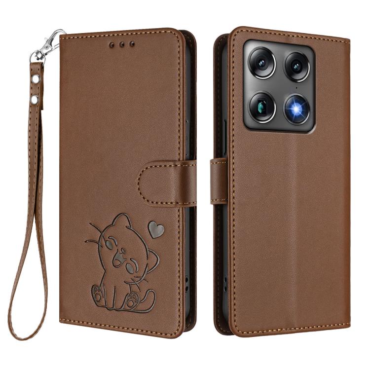 For Motorola Moto X70 Air Pro / Signature 5G Embossed Heart Cat Leather Phone Case with Hand Strap