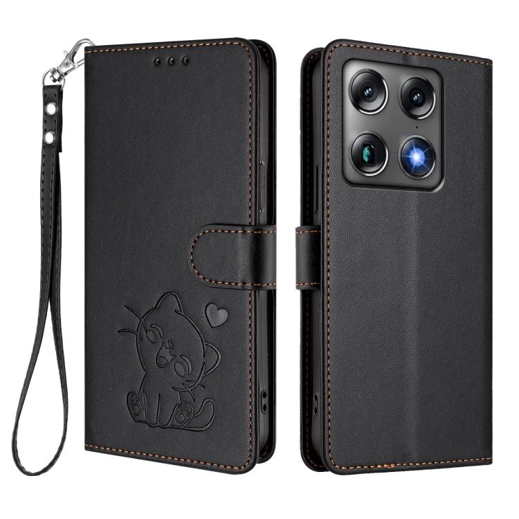 For Motorola Moto X70 Air Pro / Signature 5G Embossed Heart Cat Leather Phone Case with Hand Strap
