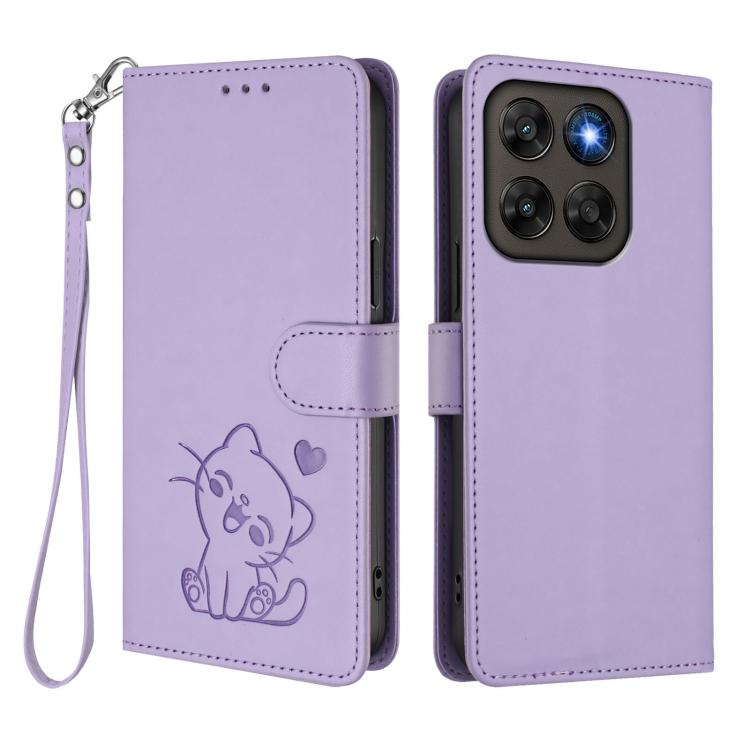 For Motorola Moto G87 / G67 / G77 5G Embossed Heart Cat Leather Phone Case with Hand Strap