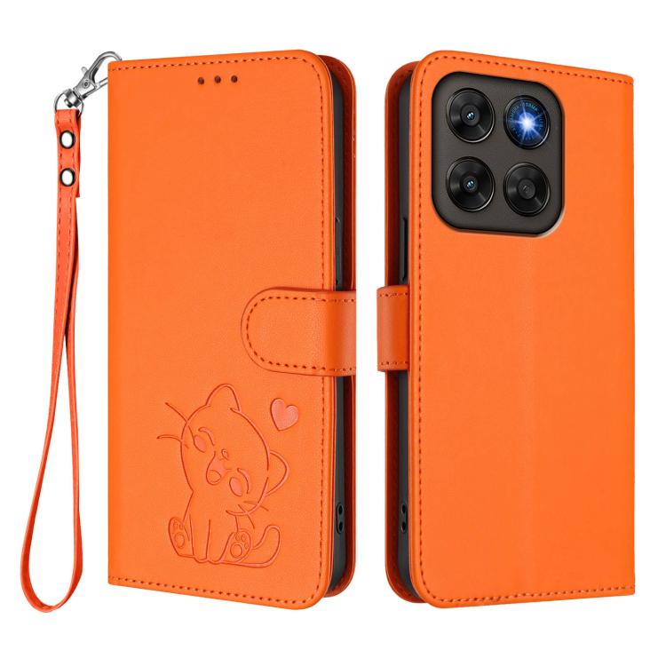 For Motorola Moto G87 / G67 / G77 5G Embossed Heart Cat Leather Phone Case with Hand Strap