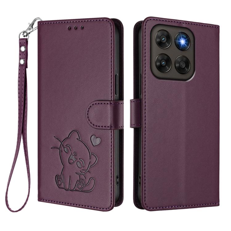 For Motorola Moto G87 / G67 / G77 5G Embossed Heart Cat Leather Phone Case with Hand Strap