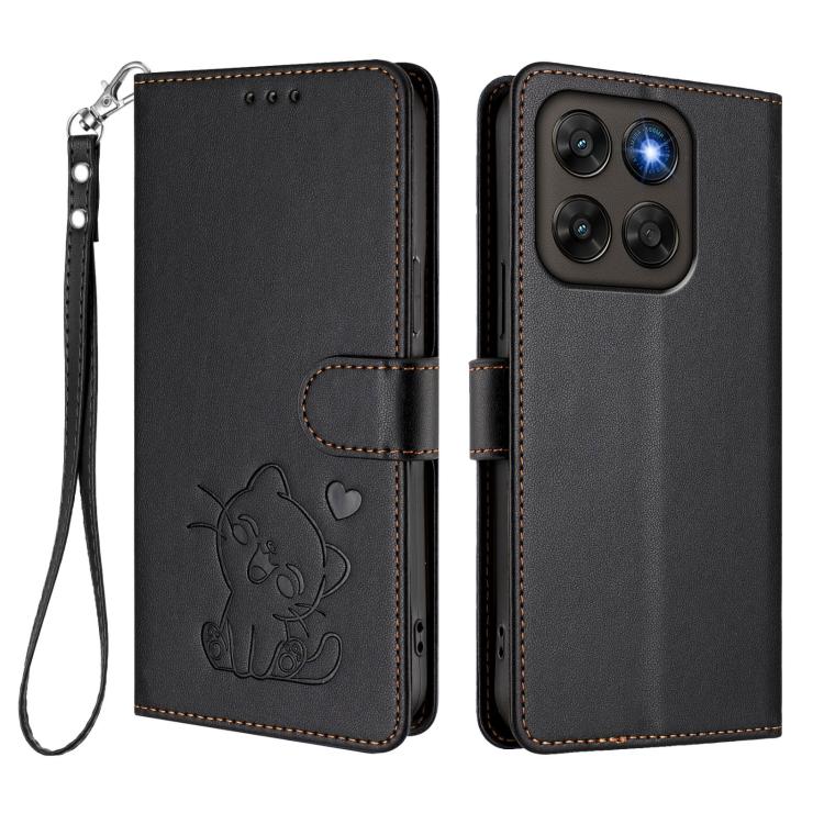 For Motorola Moto G87 / G67 / G77 5G Embossed Heart Cat Leather Phone Case with Hand Strap
