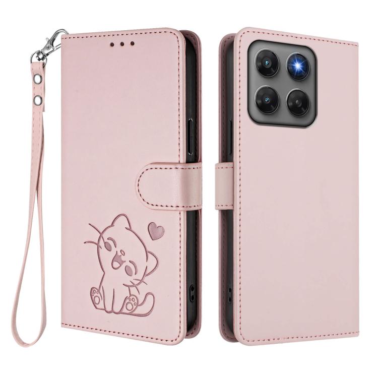 For Motorola Moto G47 5G / G37 / G37 Power 5G Embossed Heart Cat Leather Phone Case with Hand Strap