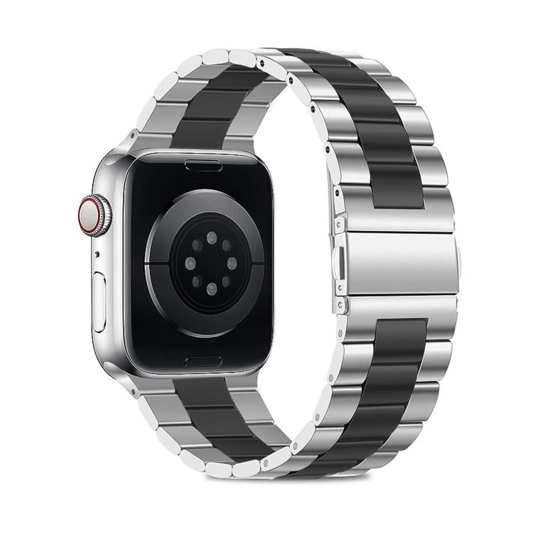 For Apple Watch Series 45mm Three Beads Stainless Steel Watch Band with 3D Curved Film