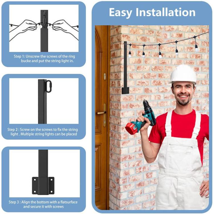 4pcs/Pack String Hanging Light Poles Fence Light Hanger With Clip Holder Hook for Outdoor Courtyard Garden - Black