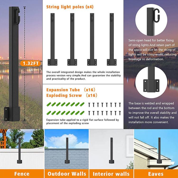 4pcs/Pack String Hanging Light Poles Fence Light Hanger With Clip Holder Hook for Outdoor Courtyard Garden - Black