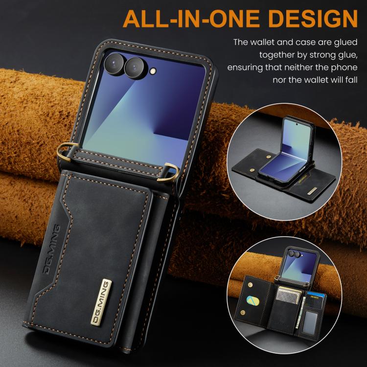 For Samsung Galaxy Z Flip7 5G DG.MING M2 Series 3-Fold Multi Card Bag hybrid Magnetic Phone Case with Long Lanyard