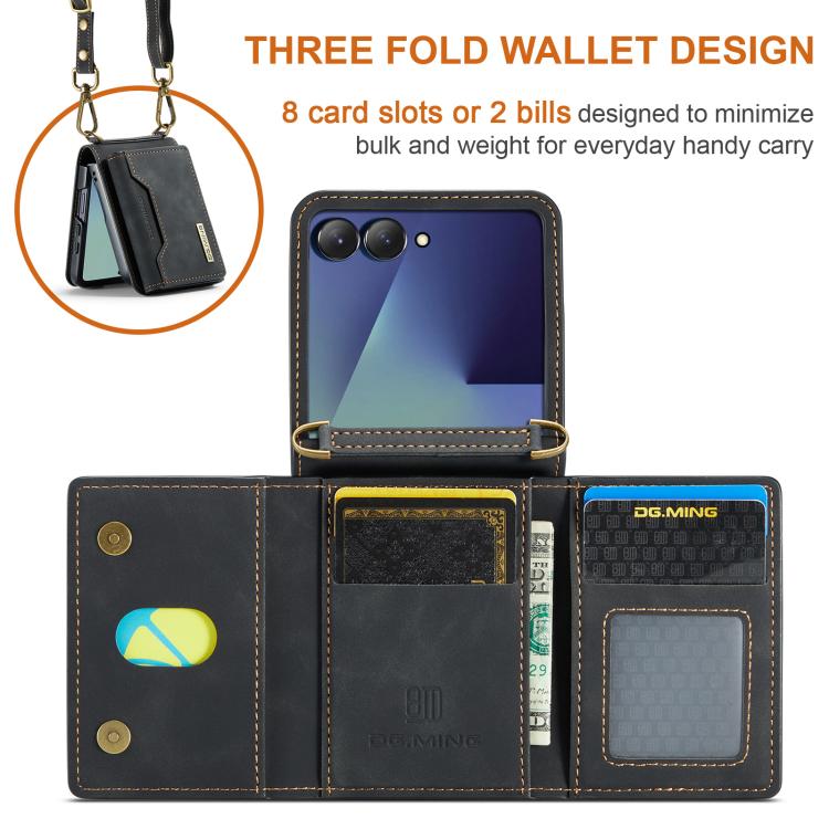 For Samsung Galaxy Z Flip7 5G DG.MING M2 Series 3-Fold Multi Card Bag hybrid Magnetic Phone Case with Long Lanyard