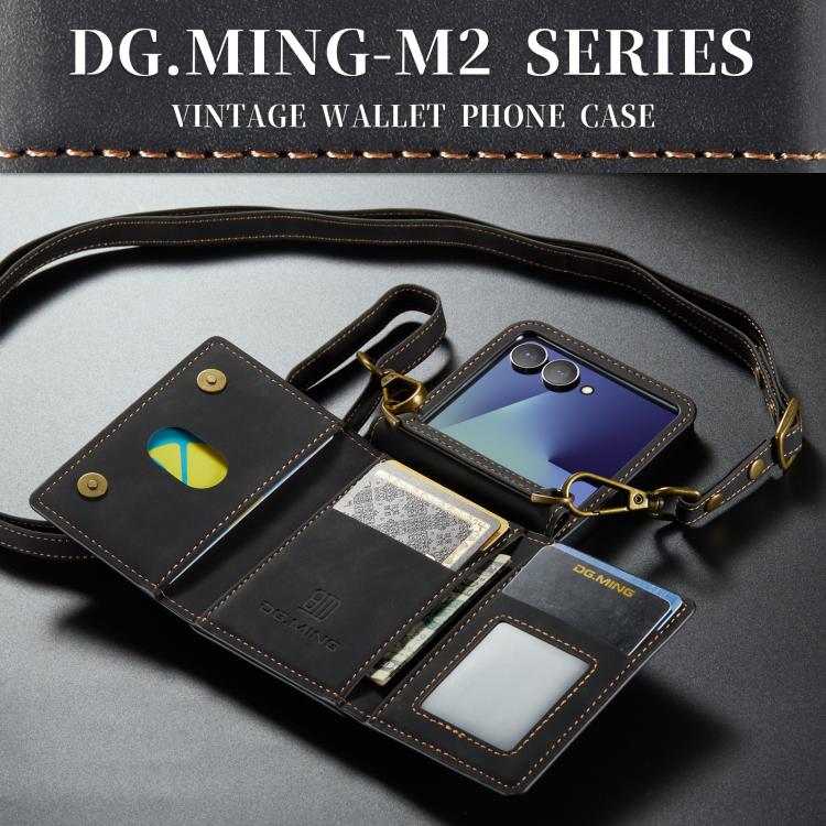 For Samsung Galaxy Z Flip7 5G DG.MING M2 Series 3-Fold Multi Card Bag hybrid Magnetic Phone Case with Long Lanyard