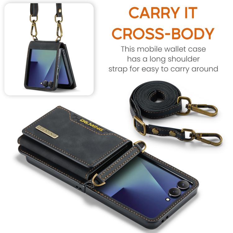 For Samsung Galaxy Z Flip7 5G DG.MING M2 Series 3-Fold Multi Card Bag hybrid Magnetic Phone Case with Long Lanyard
