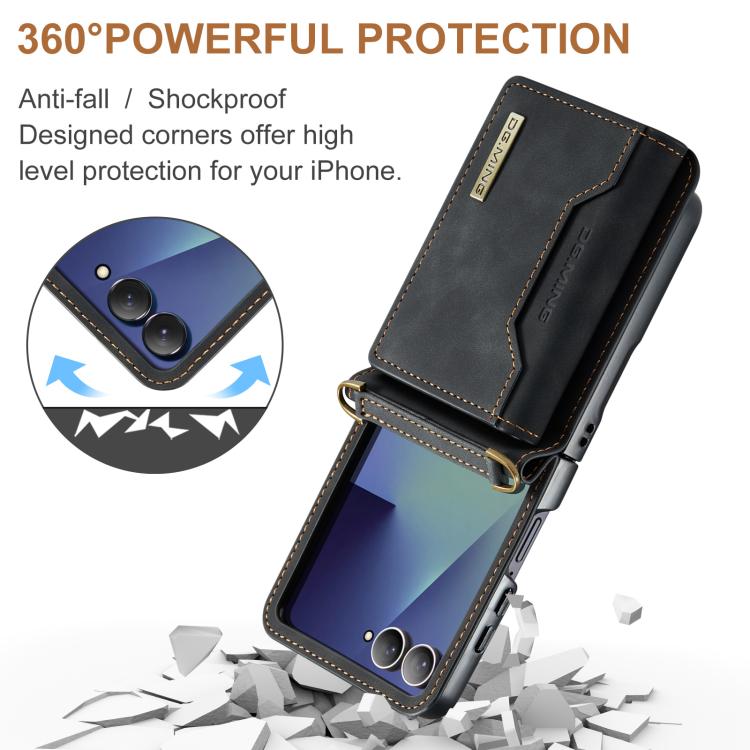 For Samsung Galaxy Z Flip7 5G DG.MING M2 Series 3-Fold Multi Card Bag hybrid Magnetic Phone Case with Long Lanyard