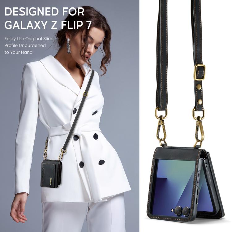 For Samsung Galaxy Z Flip7 5G DG.MING M2 Series 3-Fold Multi Card Bag hybrid Magnetic Phone Case with Long Lanyard