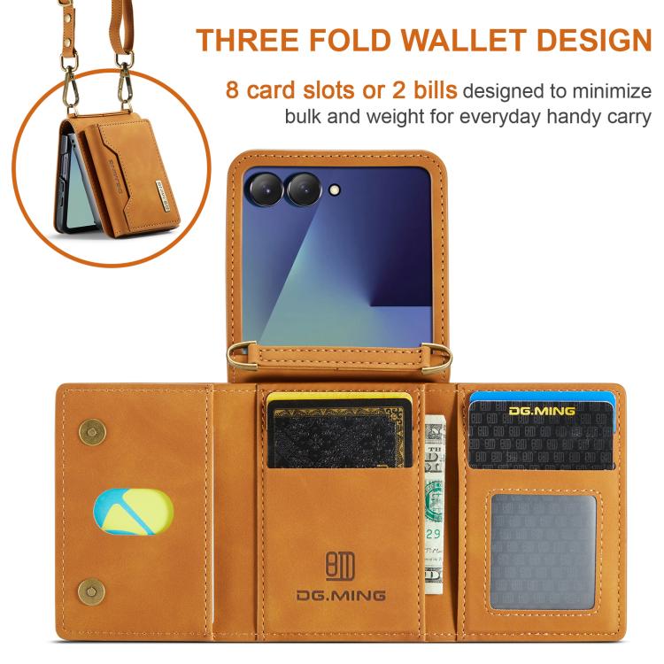 For Samsung Galaxy Z Flip7 5G DG.MING M2 Series 3-Fold Multi Card Bag hybrid Magnetic Phone Case with Long Lanyard