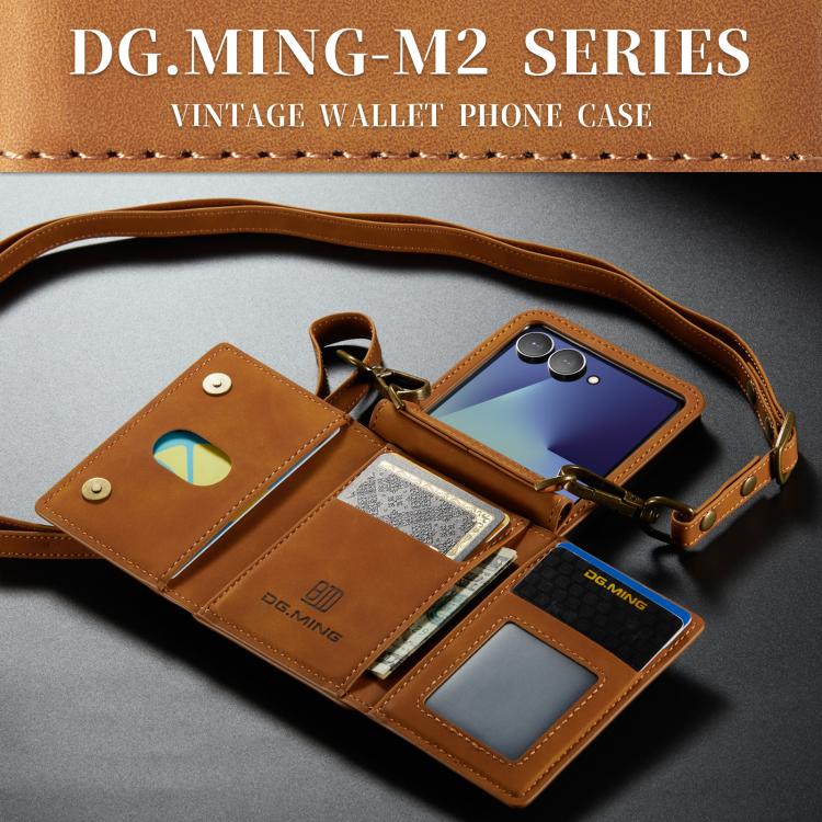 For Samsung Galaxy Z Flip7 5G DG.MING M2 Series 3-Fold Multi Card Bag hybrid Magnetic Phone Case with Long Lanyard