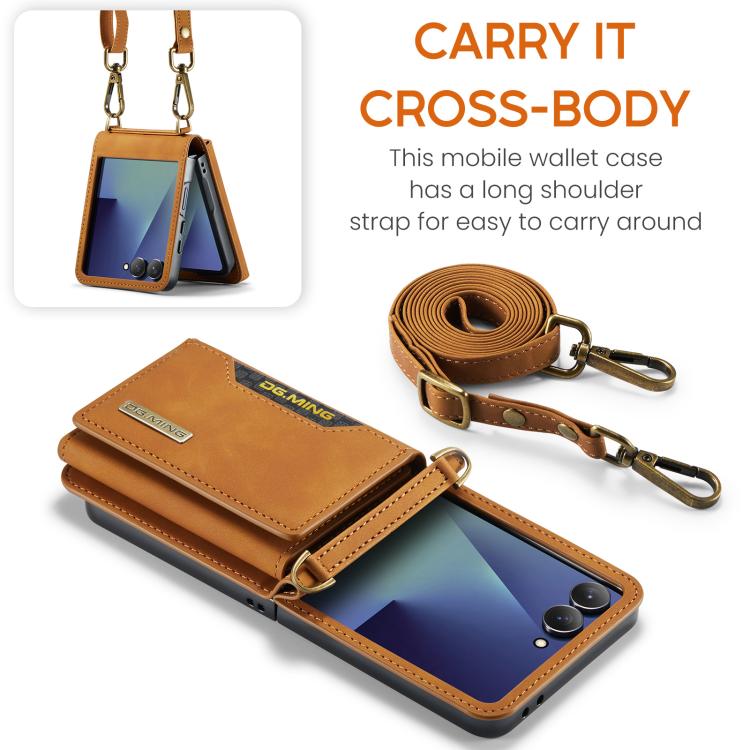 For Samsung Galaxy Z Flip7 5G DG.MING M2 Series 3-Fold Multi Card Bag hybrid Magnetic Phone Case with Long Lanyard