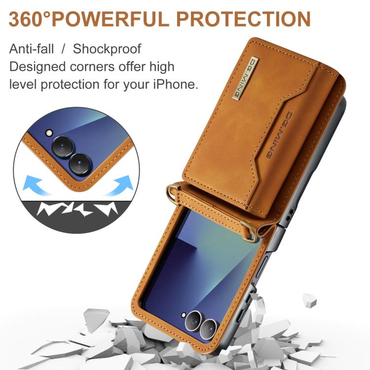 For Samsung Galaxy Z Flip7 5G DG.MING M2 Series 3-Fold Multi Card Bag hybrid Magnetic Phone Case with Long Lanyard