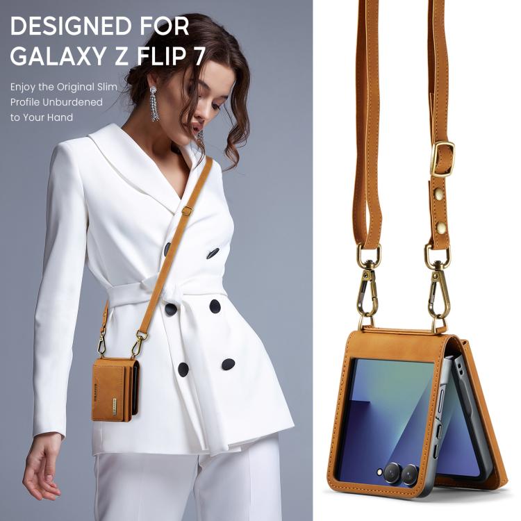 For Samsung Galaxy Z Flip7 5G DG.MING M2 Series 3-Fold Multi Card Bag hybrid Magnetic Phone Case with Long Lanyard