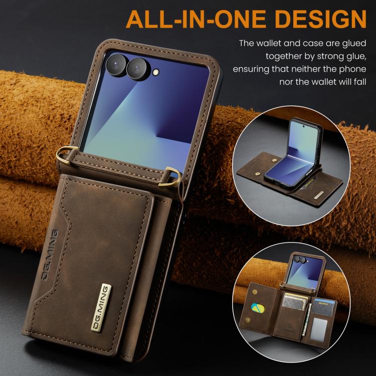 For Samsung Galaxy Z Flip7 5G DG.MING M2 Series 3-Fold Multi Card Bag hybrid Magnetic Phone Case with Long Lanyard