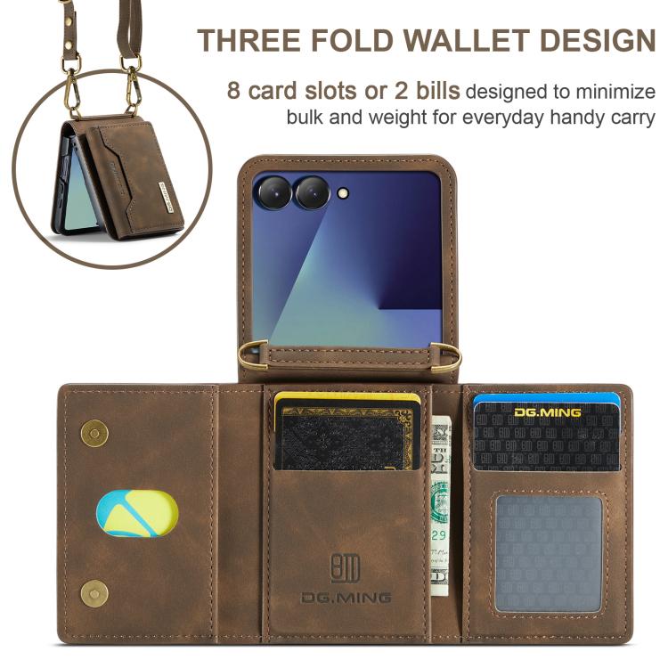 For Samsung Galaxy Z Flip7 5G DG.MING M2 Series 3-Fold Multi Card Bag hybrid Magnetic Phone Case with Long Lanyard