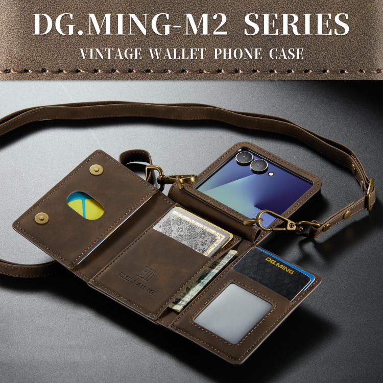 For Samsung Galaxy Z Flip7 5G DG.MING M2 Series 3-Fold Multi Card Bag hybrid Magnetic Phone Case with Long Lanyard