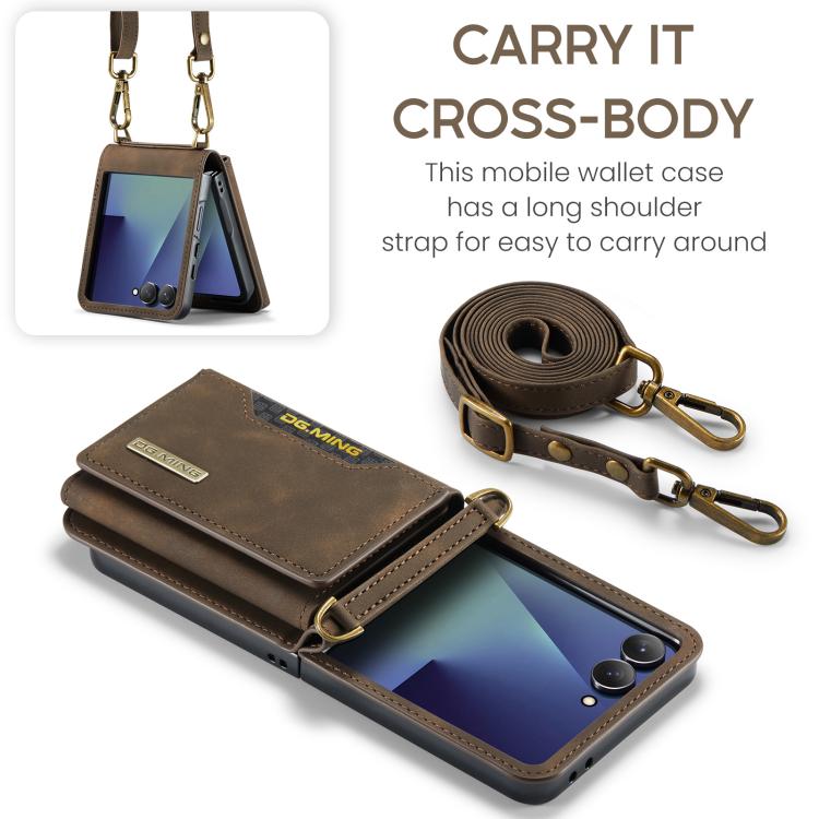 For Samsung Galaxy Z Flip7 5G DG.MING M2 Series 3-Fold Multi Card Bag hybrid Magnetic Phone Case with Long Lanyard