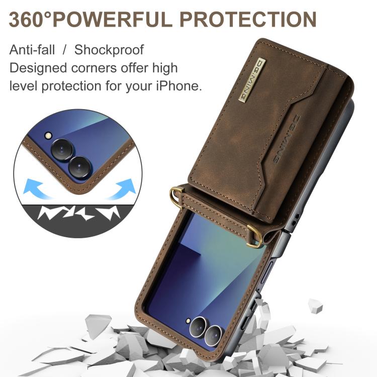 For Samsung Galaxy Z Flip7 5G DG.MING M2 Series 3-Fold Multi Card Bag hybrid Magnetic Phone Case with Long Lanyard