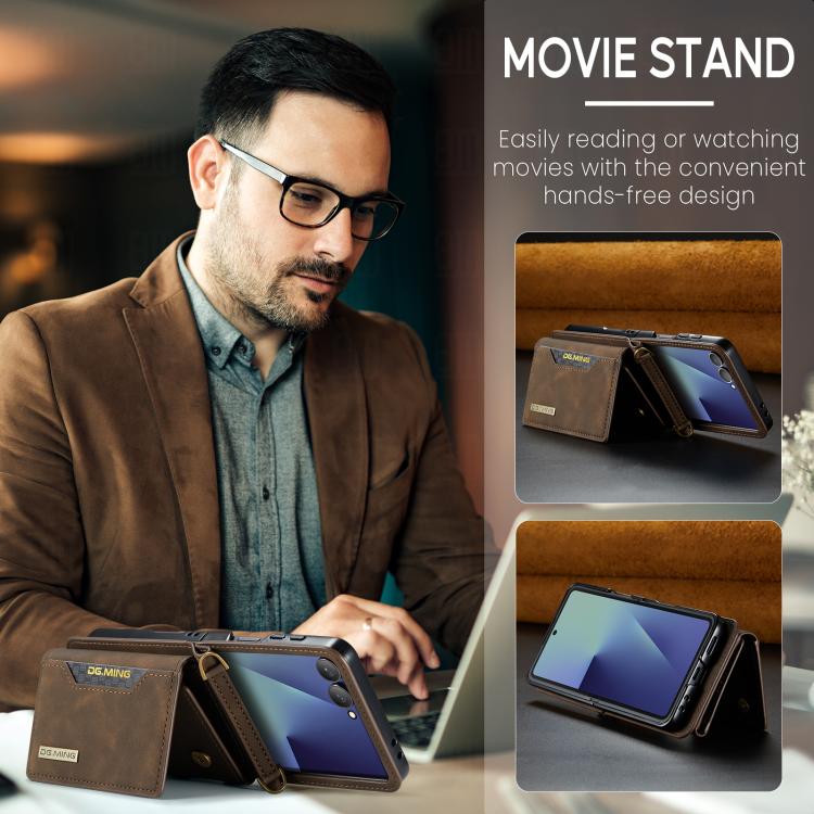 For Samsung Galaxy Z Flip7 5G DG.MING M2 Series 3-Fold Multi Card Bag hybrid Magnetic Phone Case with Long Lanyard
