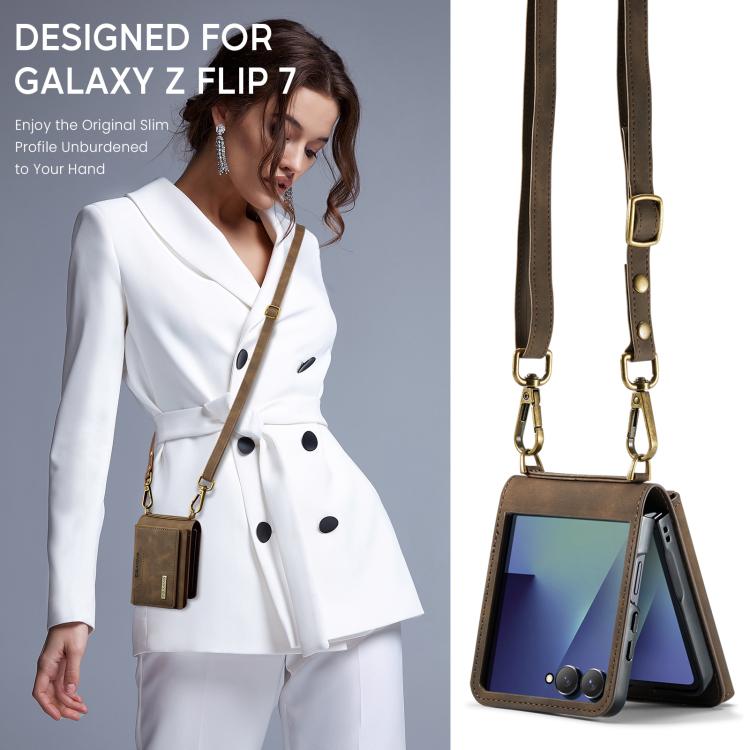 For Samsung Galaxy Z Flip7 5G DG.MING M2 Series 3-Fold Multi Card Bag hybrid Magnetic Phone Case with Long Lanyard