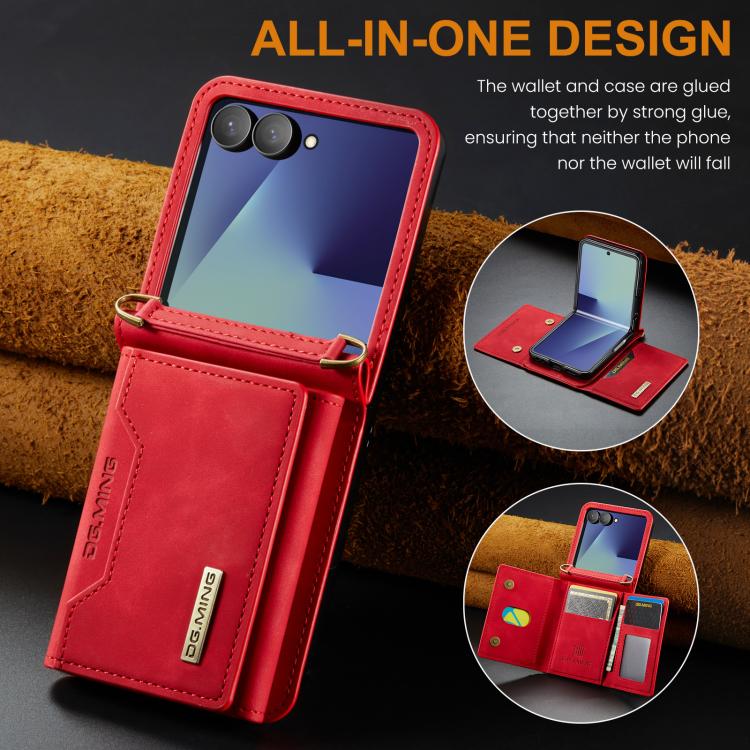For Samsung Galaxy Z Flip7 5G DG.MING M2 Series 3-Fold Multi Card Bag hybrid Magnetic Phone Case with Long Lanyard