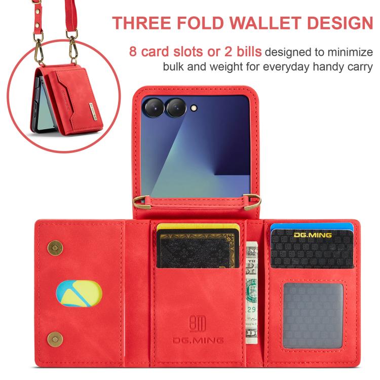 For Samsung Galaxy Z Flip7 5G DG.MING M2 Series 3-Fold Multi Card Bag hybrid Magnetic Phone Case with Long Lanyard
