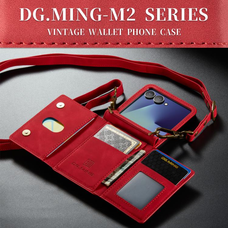 For Samsung Galaxy Z Flip7 5G DG.MING M2 Series 3-Fold Multi Card Bag hybrid Magnetic Phone Case with Long Lanyard