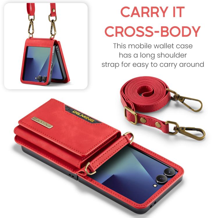 For Samsung Galaxy Z Flip7 5G DG.MING M2 Series 3-Fold Multi Card Bag hybrid Magnetic Phone Case with Long Lanyard