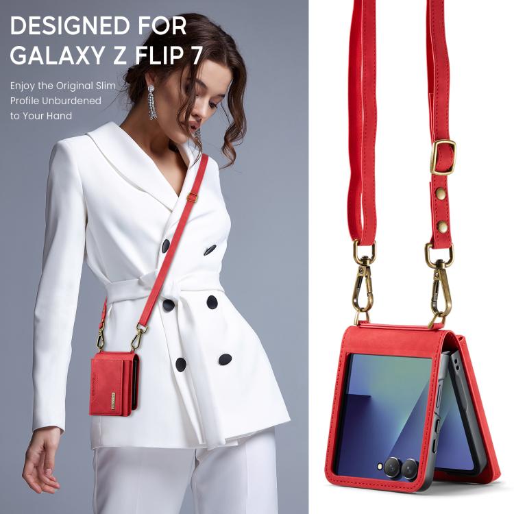 For Samsung Galaxy Z Flip7 5G DG.MING M2 Series 3-Fold Multi Card Bag hybrid Magnetic Phone Case with Long Lanyard