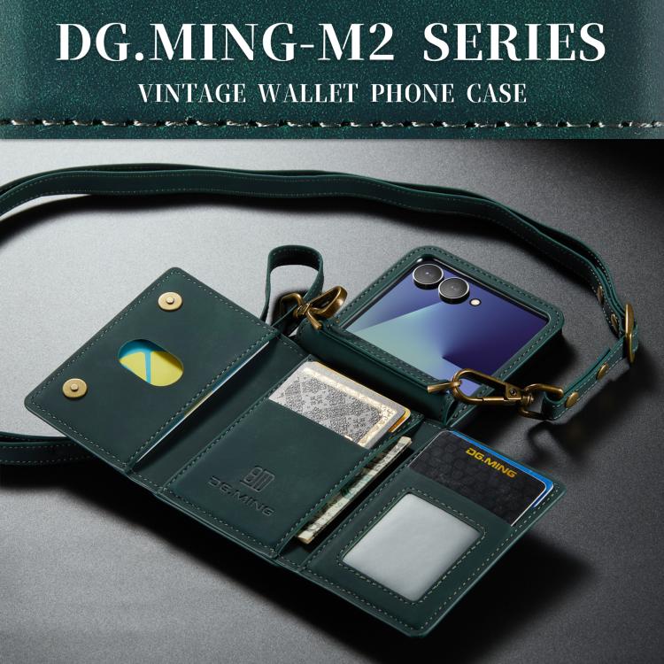 For Samsung Galaxy Z Flip7 5G DG.MING M2 Series 3-Fold Multi Card Bag hybrid Magnetic Phone Case with Long Lanyard