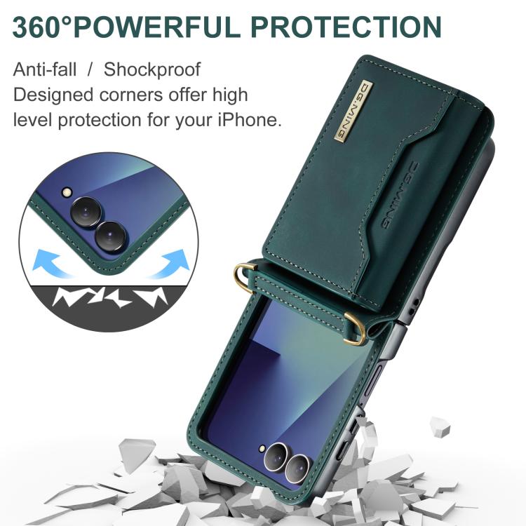 For Samsung Galaxy Z Flip7 5G DG.MING M2 Series 3-Fold Multi Card Bag hybrid Magnetic Phone Case with Long Lanyard