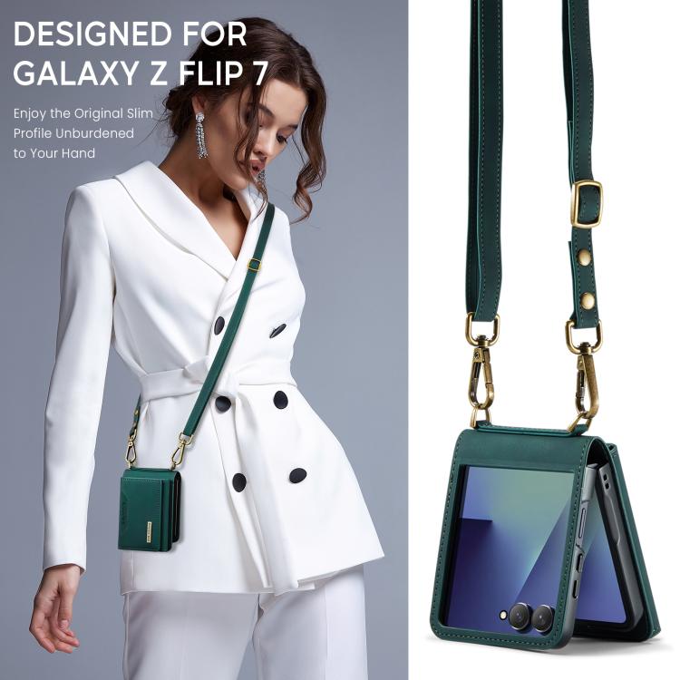 For Samsung Galaxy Z Flip7 5G DG.MING M2 Series 3-Fold Multi Card Bag hybrid Magnetic Phone Case with Long Lanyard