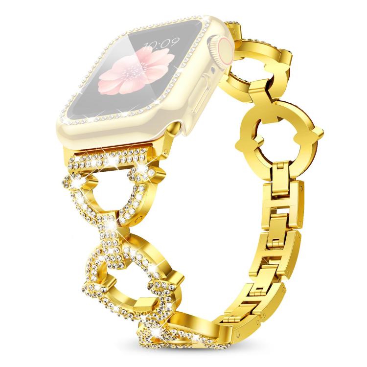 For Apple Watch Series 44mm xDfind O-shaped Diamond Metal Watch Band with Tempered Film Integrated PC Cover