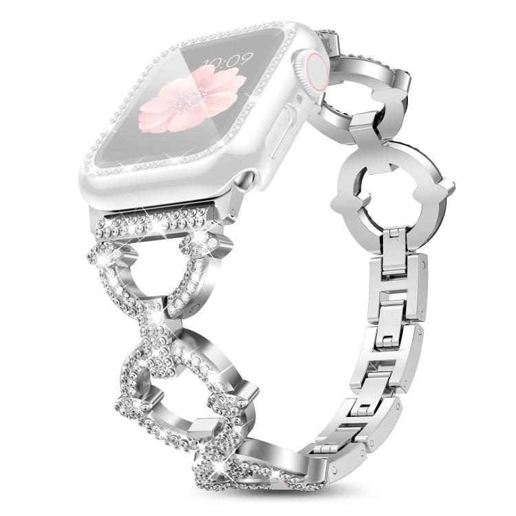 For Apple Watch Series 44mm xDfind O-shaped Diamond Metal Watch Band with Tempered Film Integrated PC Cover