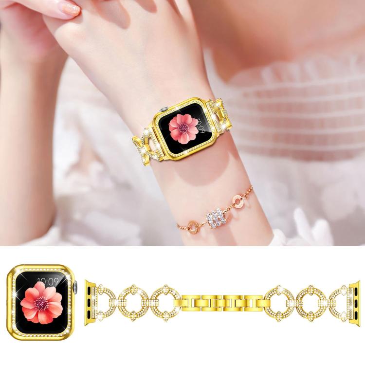For Apple Watch Series 45mm xDfind O-shaped Diamond Metal Watch Band with Tempered Film Integrated PC Cover