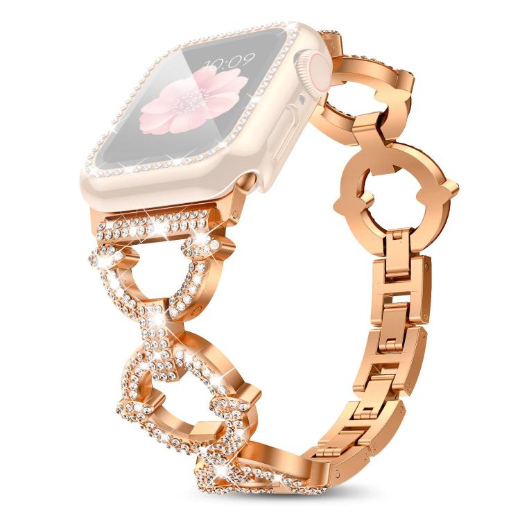For Apple Watch Series 45mm xDfind O-shaped Diamond Metal Watch Band with Tempered Film Integrated PC Cover