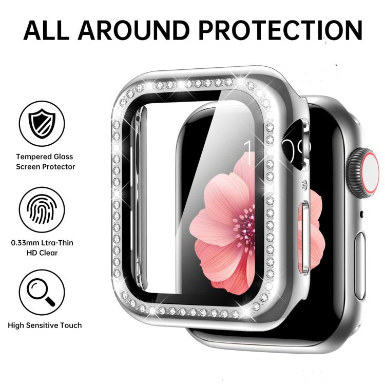 For Apple Watch Series 45mm xDfind O-shaped Diamond Metal Watch Band with Tempered Film Integrated PC Cover