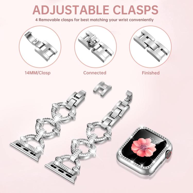 For Apple Watch Series 45mm xDfind O-shaped Diamond Metal Watch Band with Tempered Film Integrated PC Cover