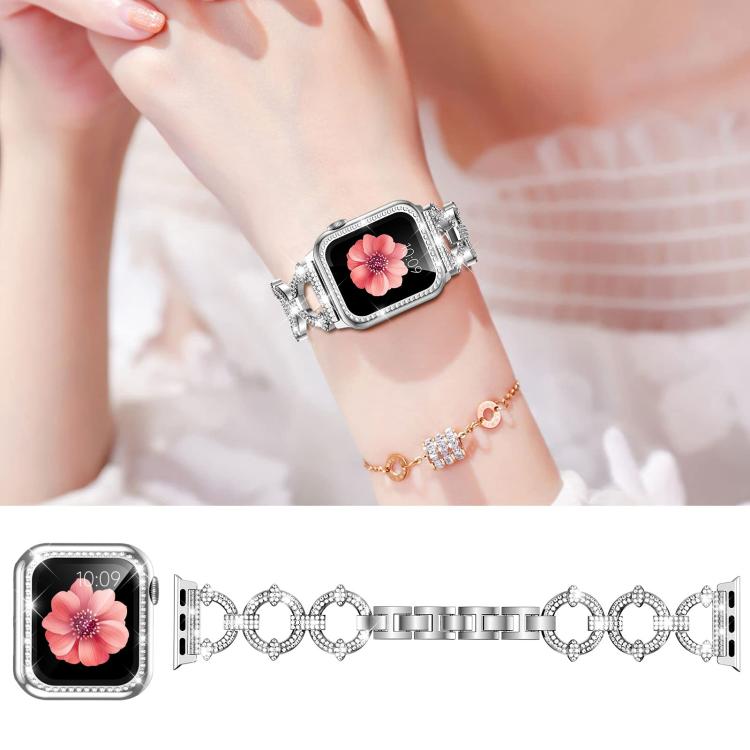 For Apple Watch Series 41mm xDfind O-shaped Diamond Metal Watch Band with Tempered Film Integrated PC Cover