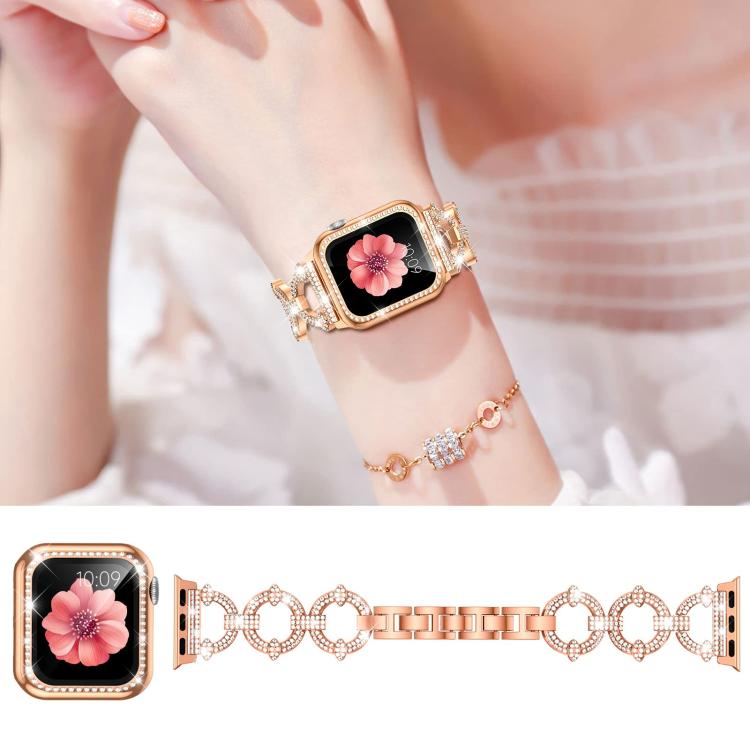 For Apple Watch Series 42mm xDfind O-shaped Diamond Metal Watch Band with Tempered Film Integrated PC Cover