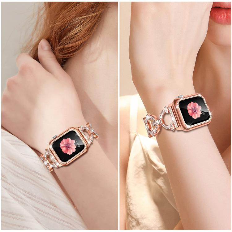 For Apple Watch Series 42mm xDfind O-shaped Diamond Metal Watch Band with Tempered Film Integrated PC Cover