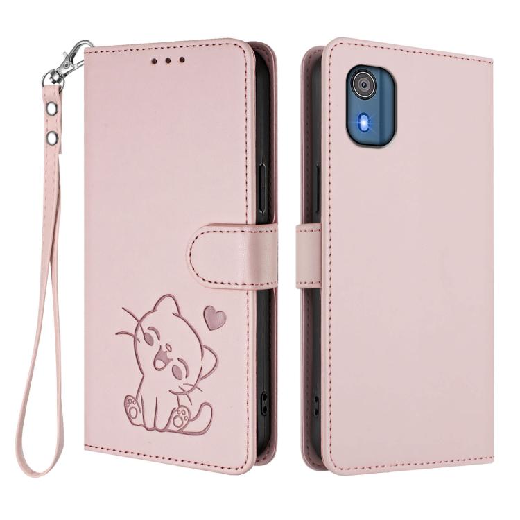 For Nokia C02 Embossed Heart Cat Leather Phone Case with Hand Strap