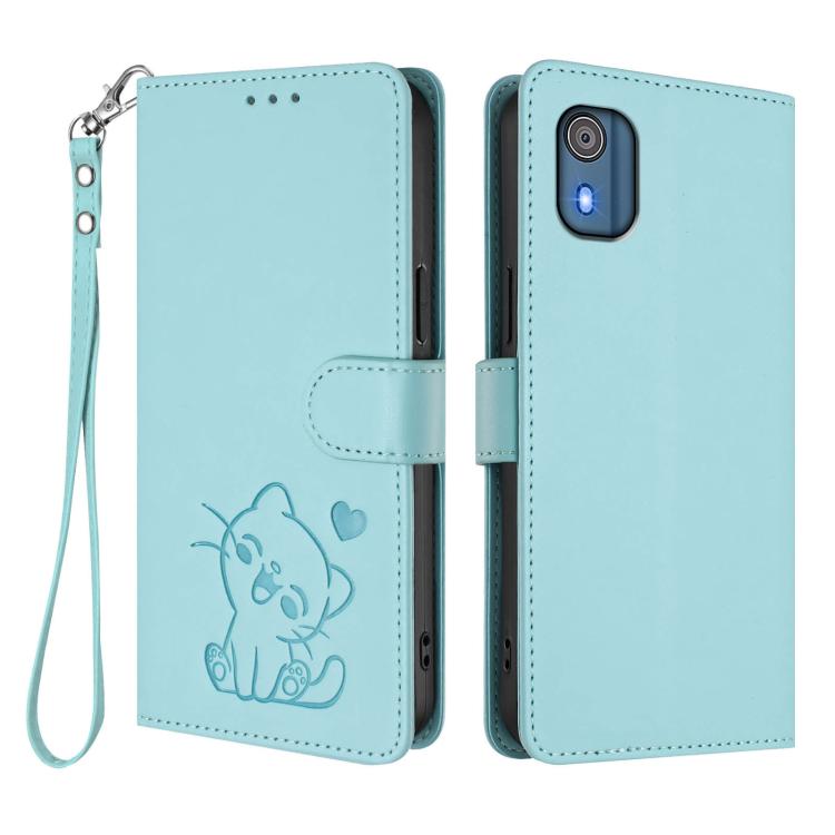 For Nokia C02 Embossed Heart Cat Leather Phone Case with Hand Strap