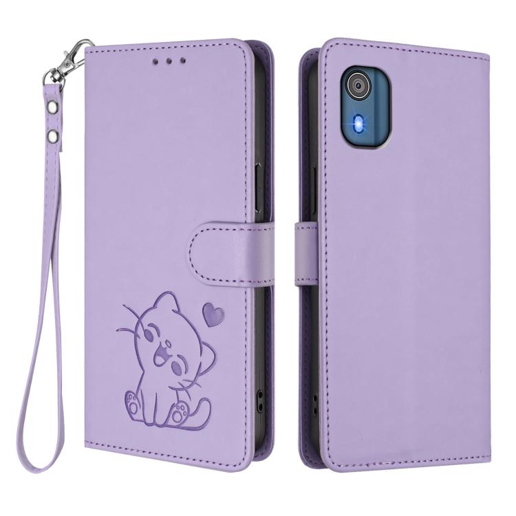 For Nokia C02 Embossed Heart Cat Leather Phone Case with Hand Strap