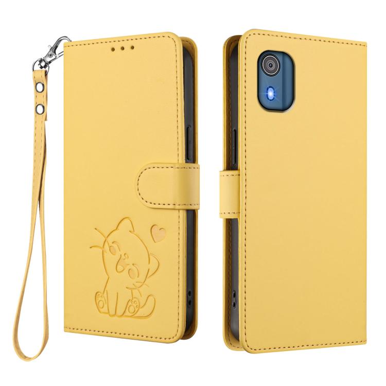 For Nokia C02 Embossed Heart Cat Leather Phone Case with Hand Strap
