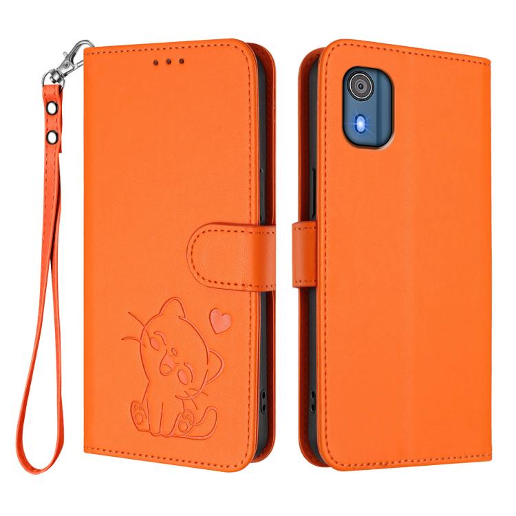 For Nokia C02 Embossed Heart Cat Leather Phone Case with Hand Strap